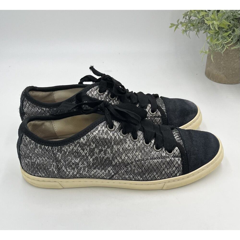 Lanvin Paris Black Pewter Calf Hair Leather Ribbon Lace Up Low-Top Sneakers Sz 7